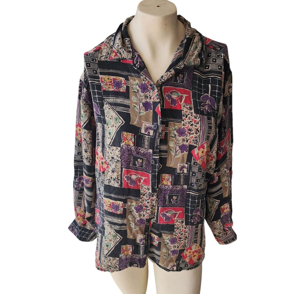 Anna and‎ Frank Blouse Womens SZ L Silk Ecclectic Vintage Artsy Mature Patchwork